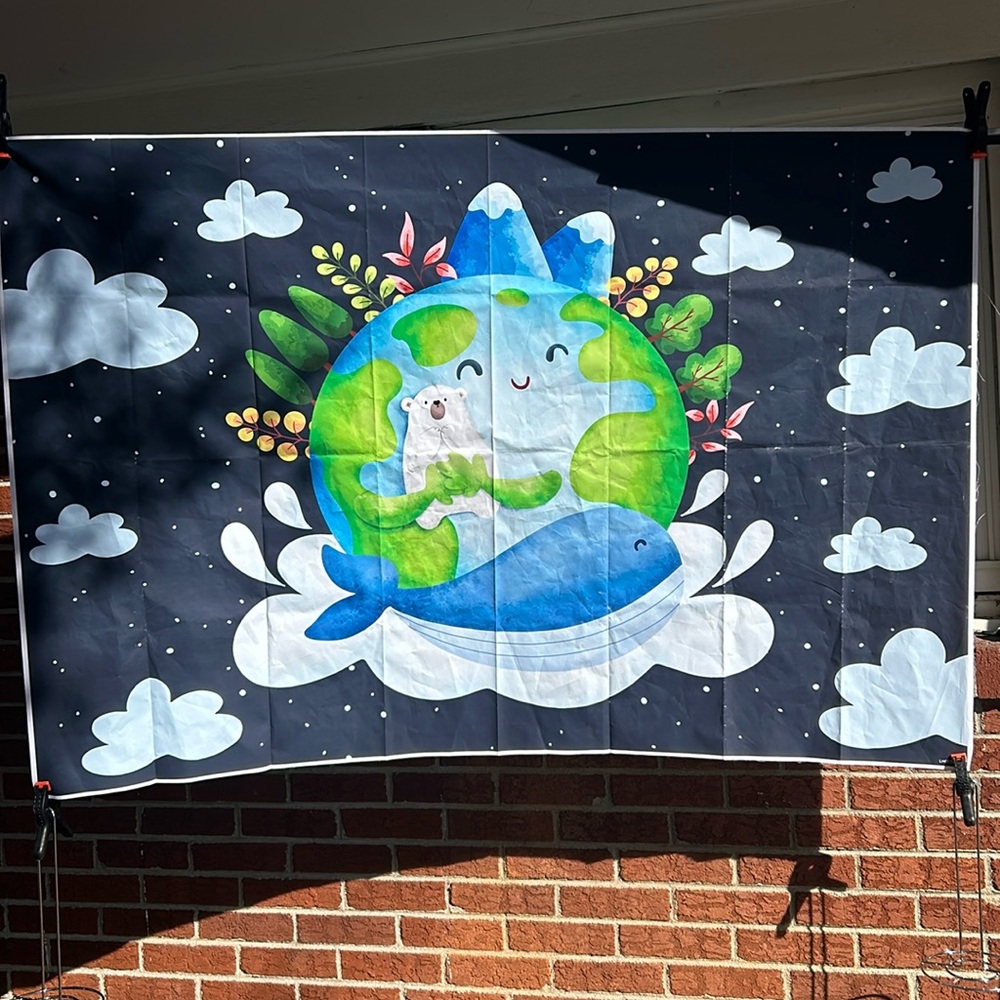 Earth Day backdrop, earth, bear, whale. Space, 3 x 4, blue black, green white